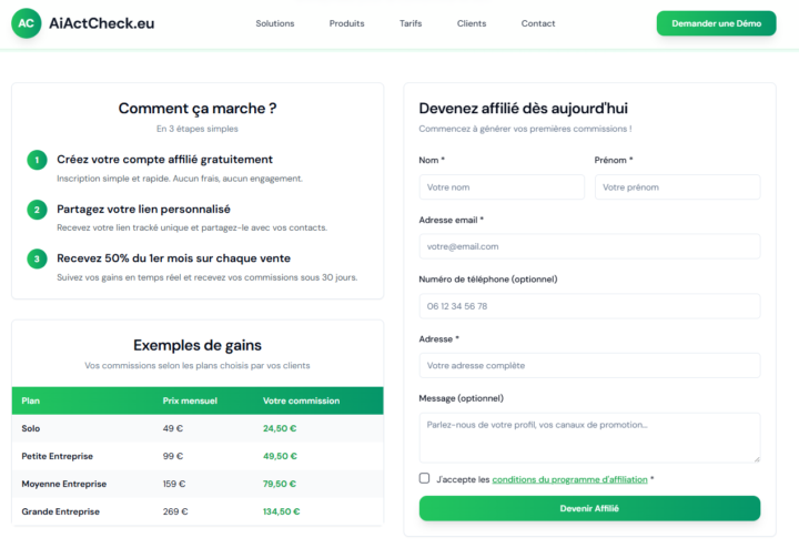 Gagnez jusqu'à 134,50 € par client en recommandant AIActCheck.eu