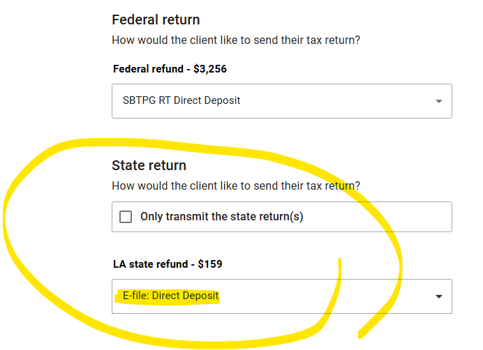 Sending Federal & State Thru SBTPG Tax Bank