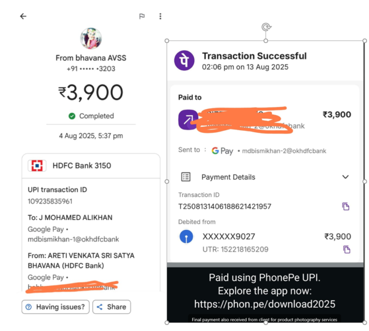 First payment Rs.7900 by Meta Ads for product photography services for e-commerce business