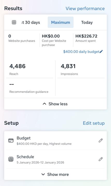 Launched ad in fb, Ig on Jan 5, 26