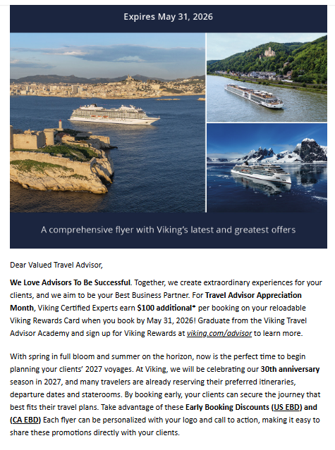 Viking Cruise offer for Travel Advisors