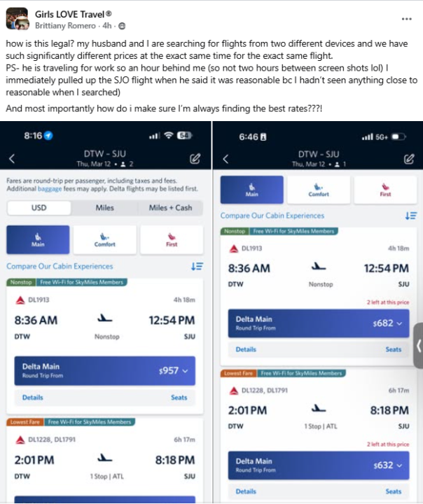 Flight pricing different between 2 phones