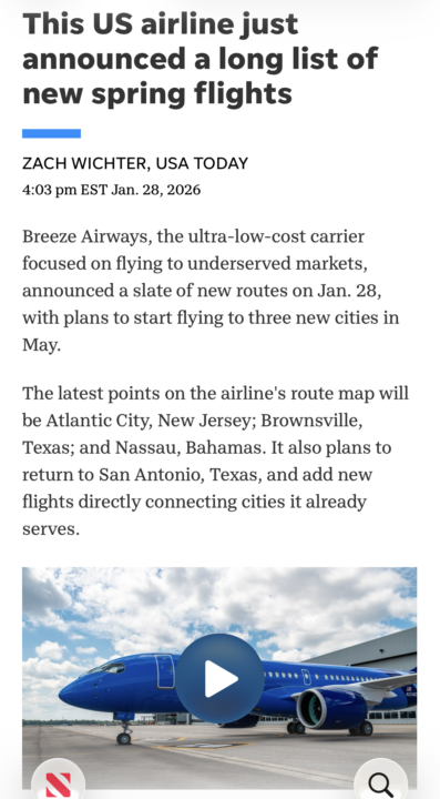 This US airline just announced a long list of new spring flights”  Excerpt From “This US airline just announced a long list of new spring flights