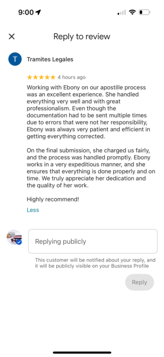 We got our 1st review on the Apostille website 