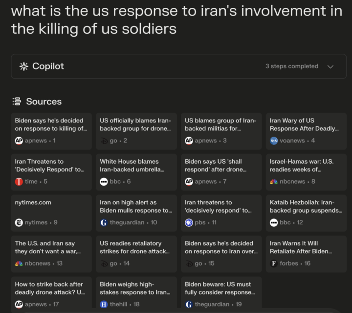 Preplexity ai as your newspaper: what is the us response to iran's involvement in the killing of us soldiers