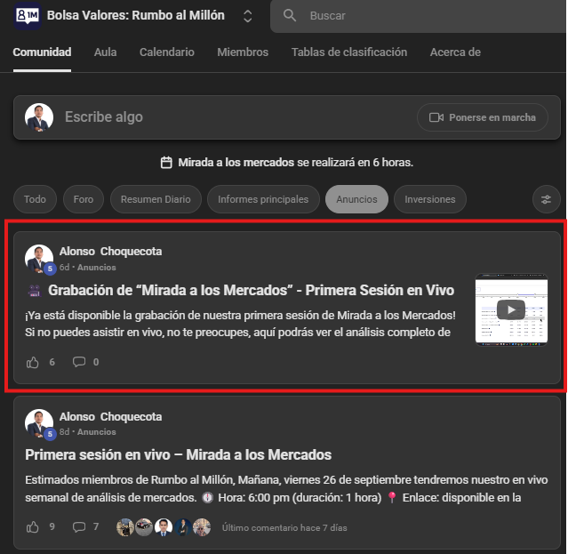 Aviso Importante – Sesión Semanal