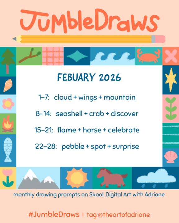 February #JumbleDraws drawing prompt list!