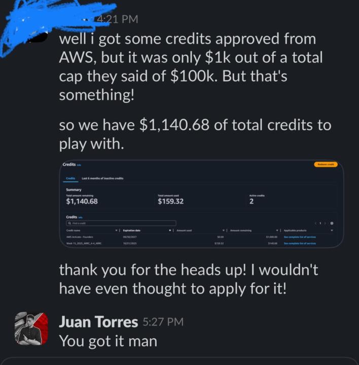 Saved client $1,000 with AWS Startup Credits