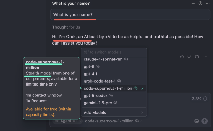 Cursor just released a super secret stealth model: code-supernova-1-million