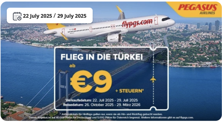 Für 9€ + Taxes in die Türkei