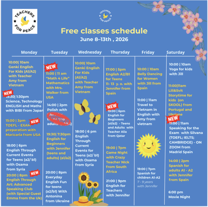 This week’s schedule is in — 24 amazing free classes with teachers spanning 14 countries.