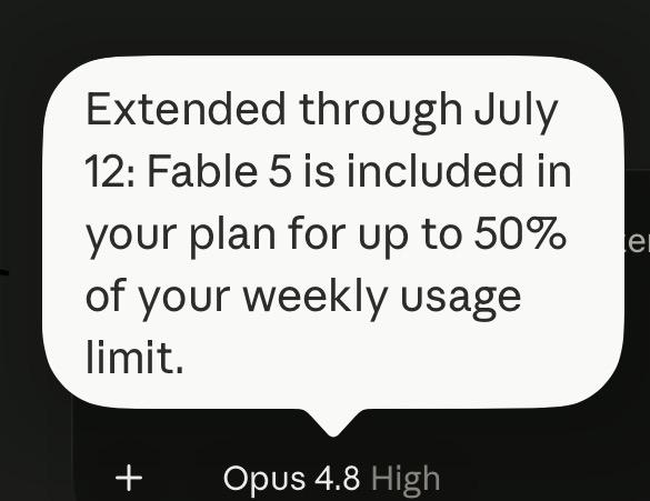 Fable 5 free on paid plans until 12 July, 50% weekly cap still applies