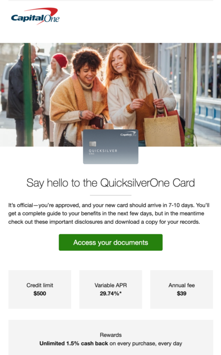 ✅ Capital One QuicksilverOne Card Approved 