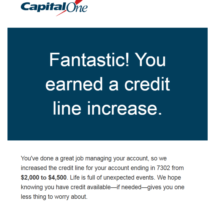 Capital One Automatic Credit Limit Increase to $4500 USD