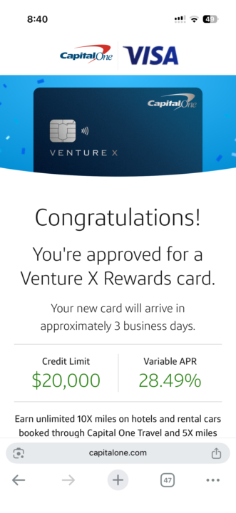 Capital One Venture X Approval (ITIN)