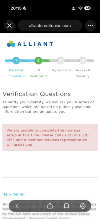 Alliant CU / Error / Account setup
