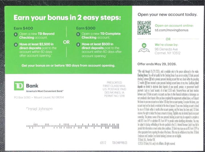 TD Bank $400 bonus