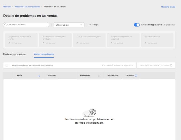 Link para gestionar la exclusión de las ventas con reclamo, que afectan tu reputación. 