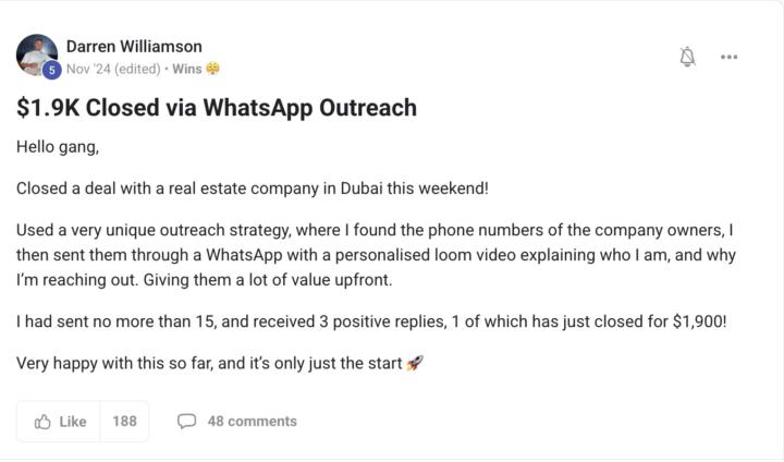 $1.9K Closed via WhatsApp Outreach