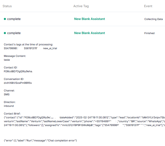 AI unable to send messages: Error on logs -> "Chat completion error"