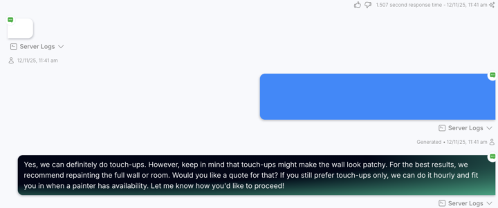 Inbound call, Bot auto texts the user based on their last message