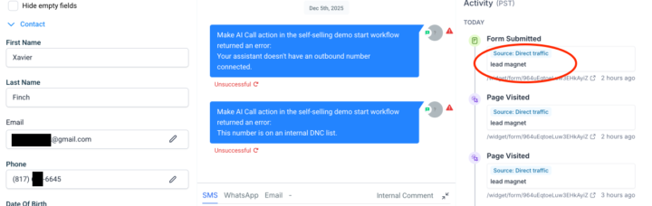 Make AI Call action in the self-selling demo start workflow returned an error: This number is on an internal DNC list.