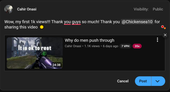 I hit my first 1k video!