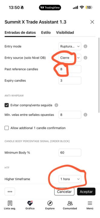 Configuración para la actualización del indicador
