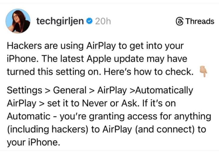 Hackers may have access to you iphone via Airplay.👇 Check