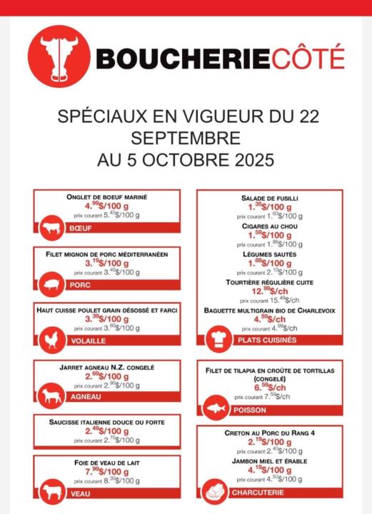 spéciaux jusqu’au 5 oct boucherie côté