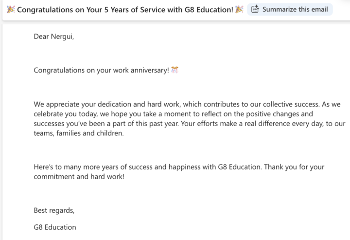 G8 Education-д 5 жил ажилласанд баяр хүргэе! 🎉 гэнээ 😀