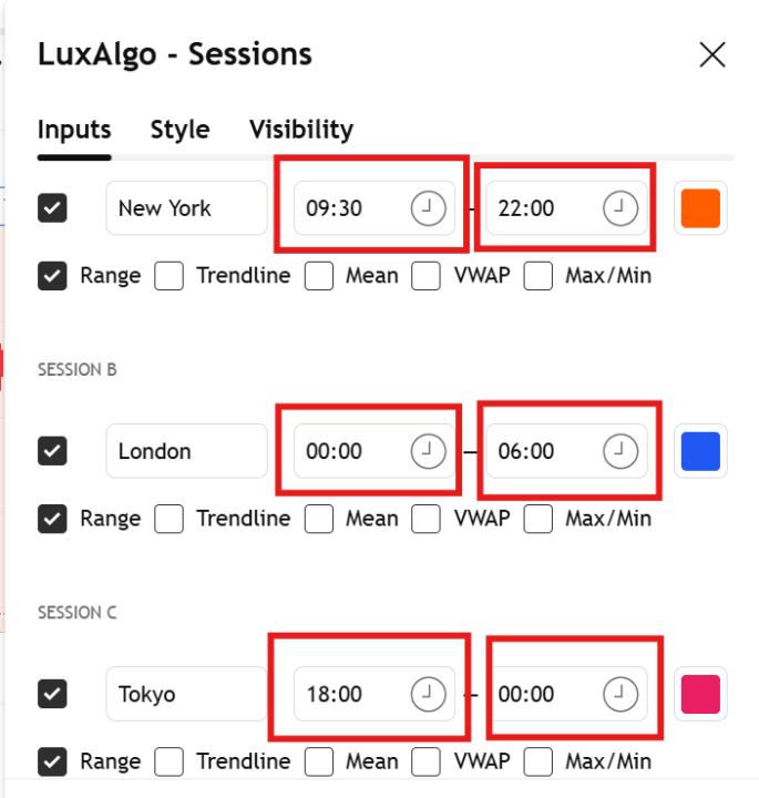 Time settings in LuxAlgo - Session indicator?