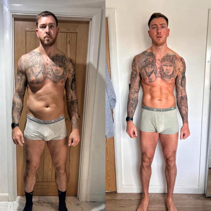 12 weeks 10kg drop and 6inch off his waist.