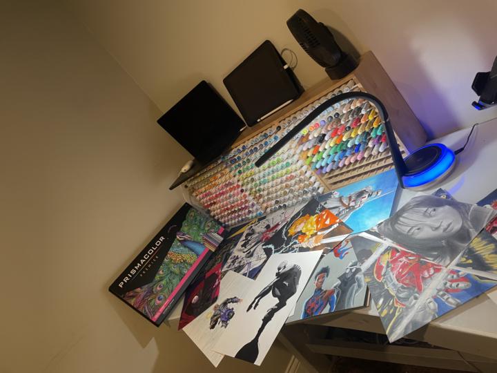 Ts my setup w a lot of my art on the desk