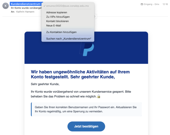 Warnung mal wieder vor Betrugs-eMails
