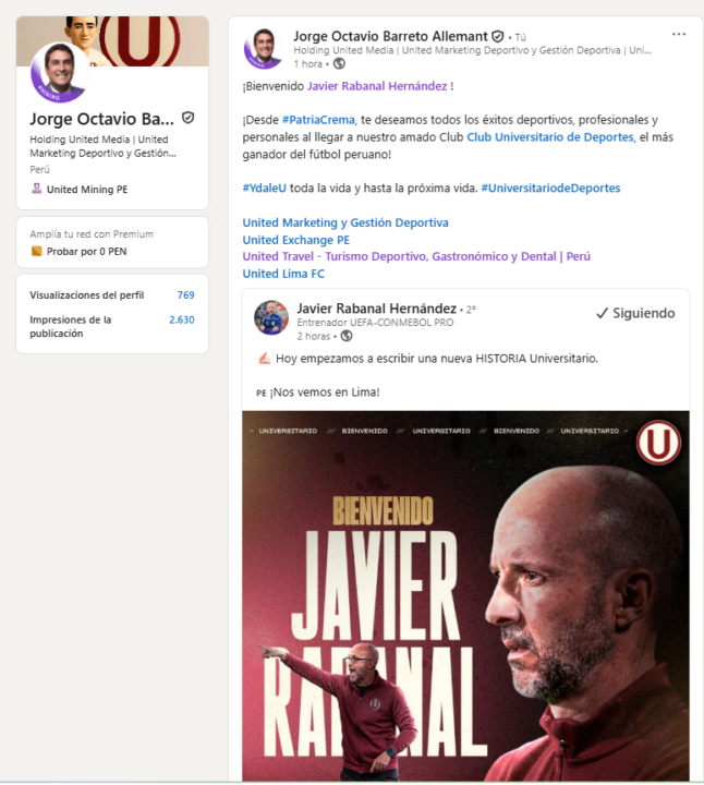 Desde mi muro en LinkedIn podemos saludarle al nuevo entrenador de nuestro Club