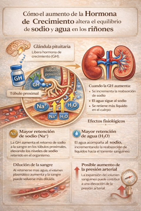 Cómo el aumento de la Hormona de Crecimiento altera el equilibrio de sodio y agua en los riñones