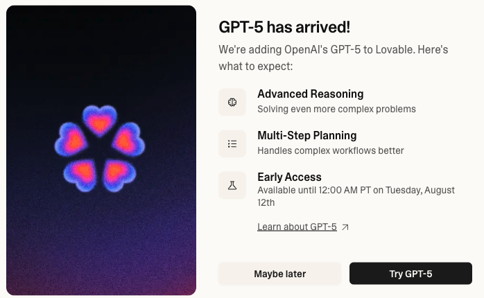 Big news - GPT-5 has arrived to Lovable