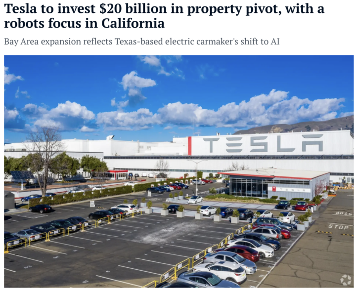 Tesla to invest $20 billion in property pivot, with a robots focus in California