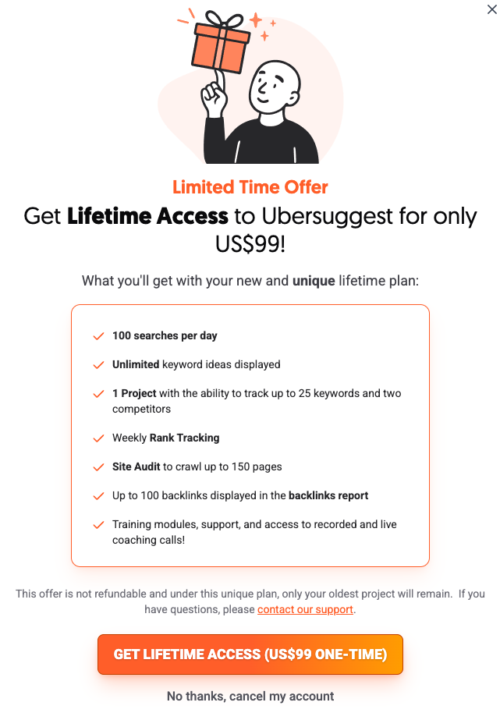 Ubersuggest Lifetime deal still works! Did it just now.