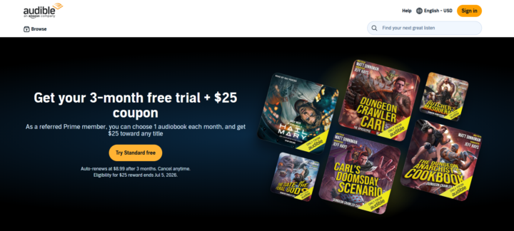 🎧 Audible FREE for 3 Months + $25 Promotional Reward