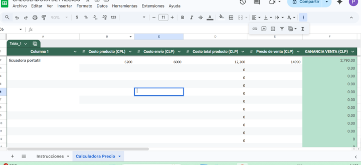 Planilla calculo precios 