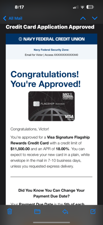 1% mentorship  Shout out to Santiago for guiding me the whole way and getting approved for a navy federal credit card last week Jun 3 for 11,500 