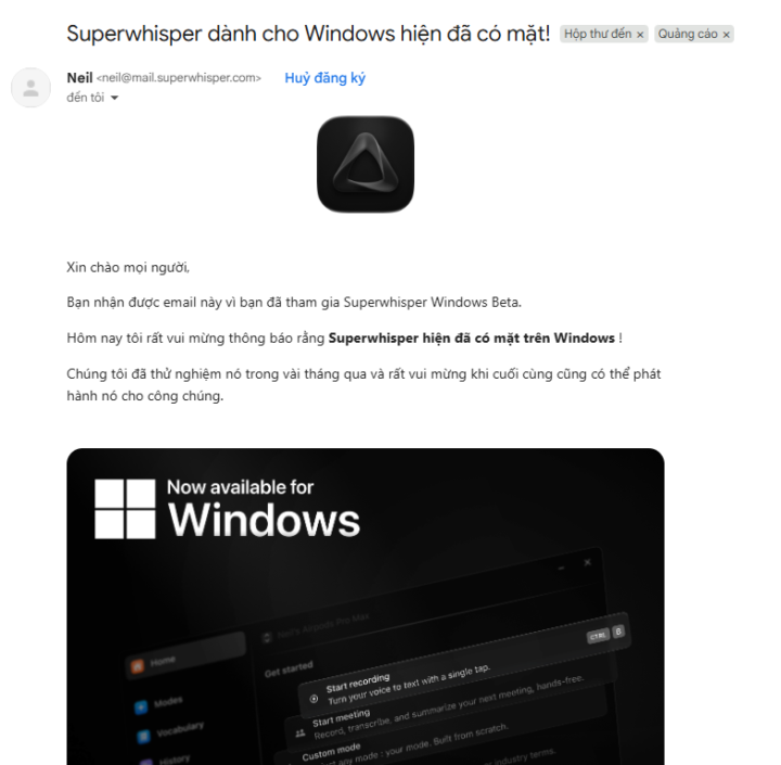 Superwhisper đã có mặt trên Windows