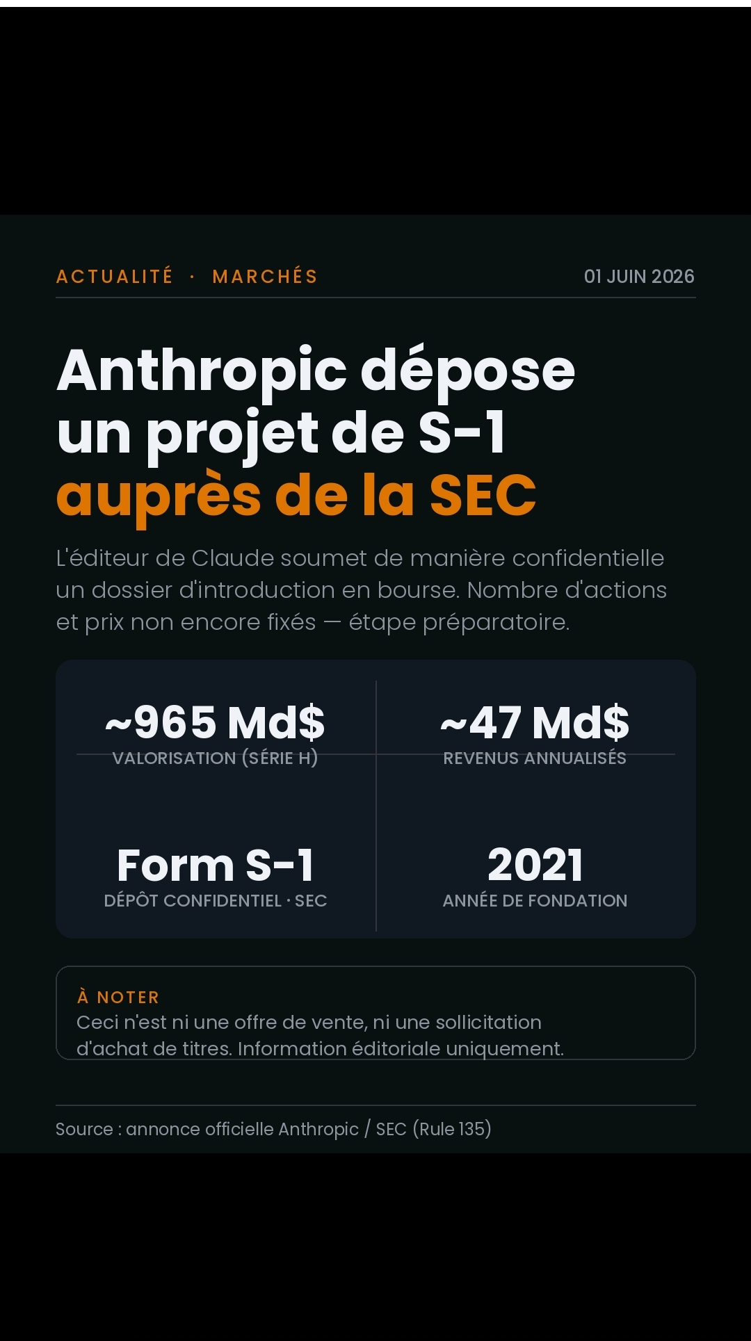 Anthropic dépose confidentiellement son prospectus d’introduction en bourse auprès de la SEC, préparant Wall Street à une opération historique dans le domaine de l’IA.