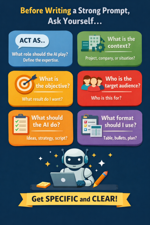 Before writing a strong prompt, ask yourself these key questions: