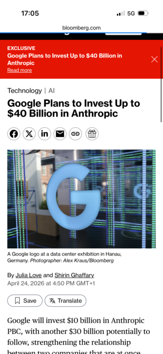 Google to invest 40 billion dollars in Anthropic 