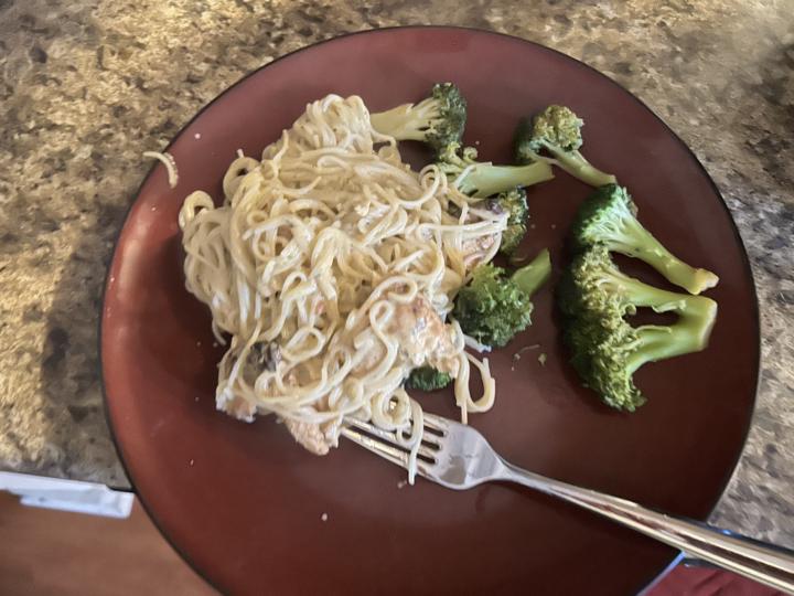 I made angel hair pasta with chicken I smoked on the grill n broccoli 