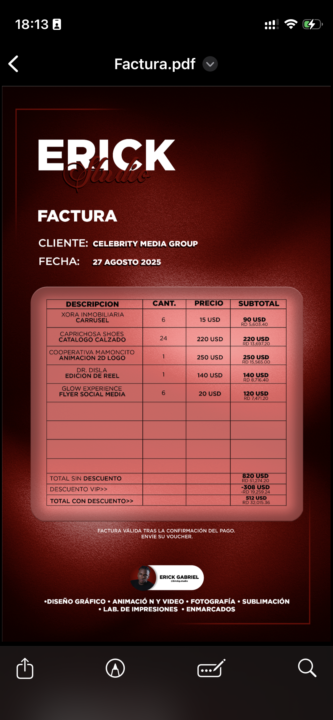 Cobre 512 USD por varios servicios de diseño gráfico 