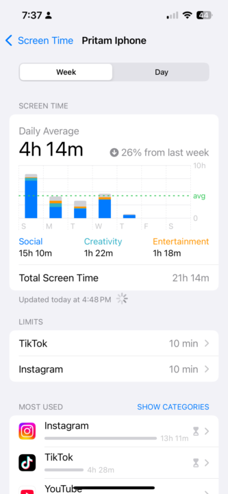 Screen time progress